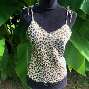 Silkscreen Cheetah Print Silk Cami Black Lace Hem